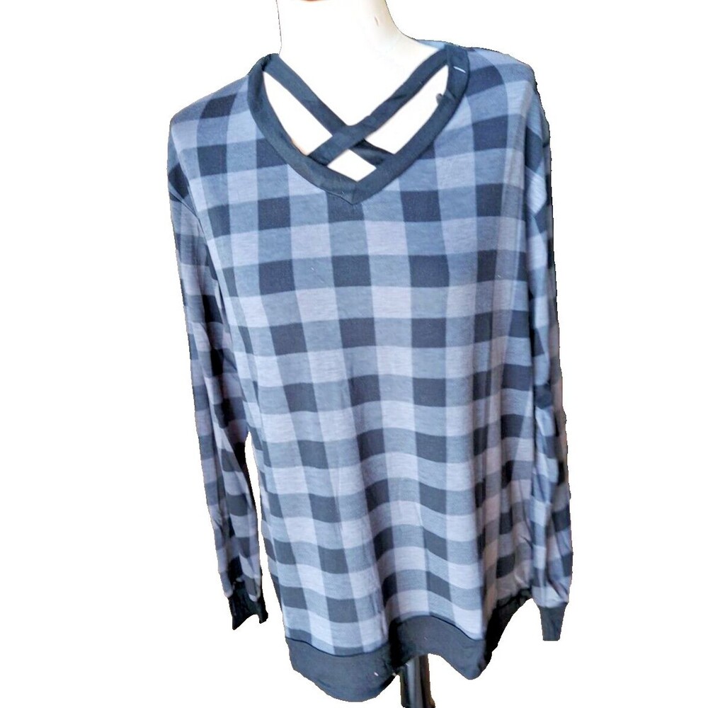 NEW Grace & Emma Womens Long Sleeve Large Top 🖤 Black Gray Plaid Pattern SZ L